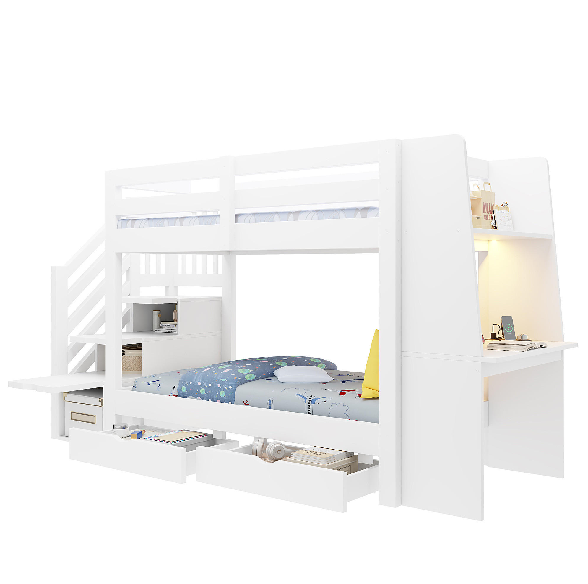 HOCHBETT aus Holz 90x200 cm Weiß mit Stauraumtreppe, Schreibtisch, LED-Beleuchtung und Schubladen - Weiß, Holz (90/200cm) - Modfu