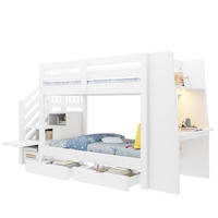 HOCHBETT aus Holz 90x200 cm Weiß mit Stauraumtreppe, Schreibtisch, LED-Beleuchtung und Schubladen - Weiß, Holz (90/200cm) - Modfu