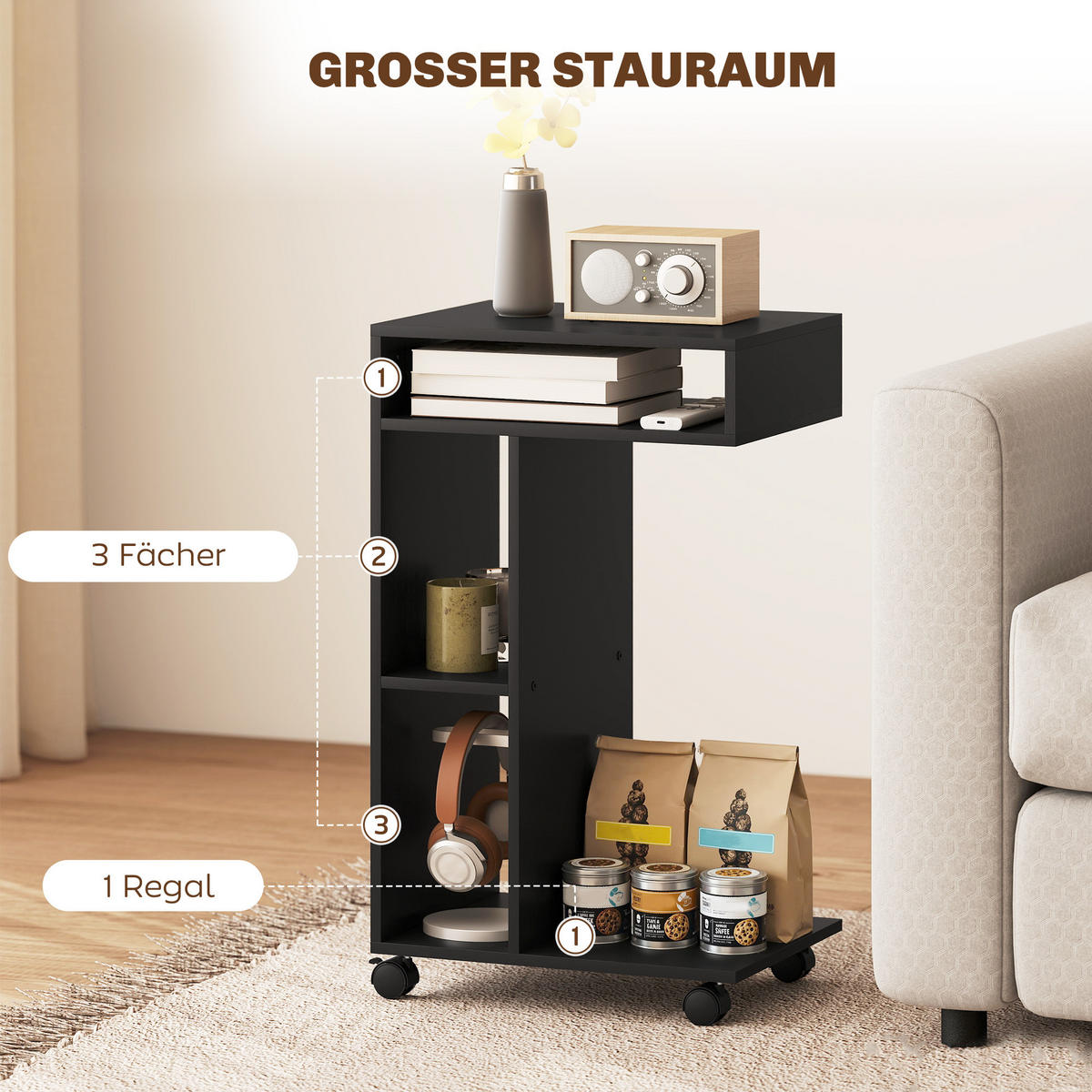 BEISTELLTISCH mit Rollen mit 4 Regalen, Sofatisch Schwarz - Schwarz, Holzwerkstoff (40/30/69cm) - HOMCOM