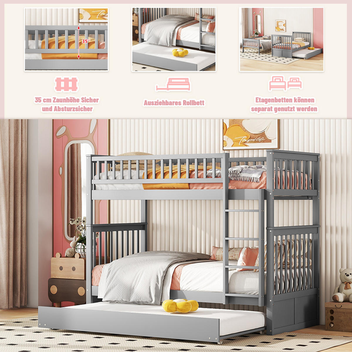 ETAGENBETT 90x200cm Grau Dreierbetten mit Ausziehbett hohe Geländer - Grau, Holz (90/200cm) - FLIEKS