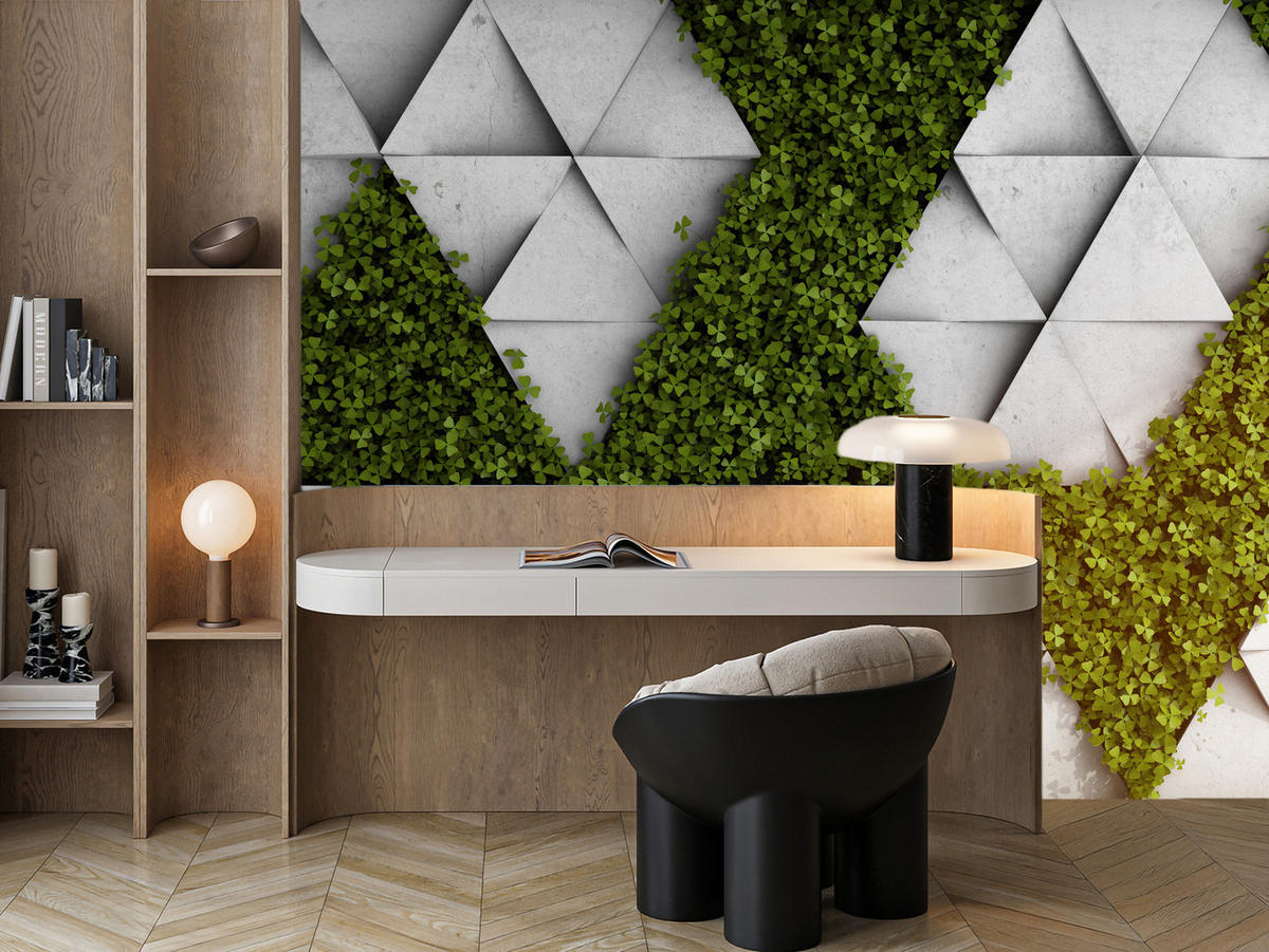 FOTOTAPETE für Wohnzimmer Klee Beton Dreiecke Abstraktion Modern 450x315 - Grau/Grün, Papier (450/315cm) - Muralo