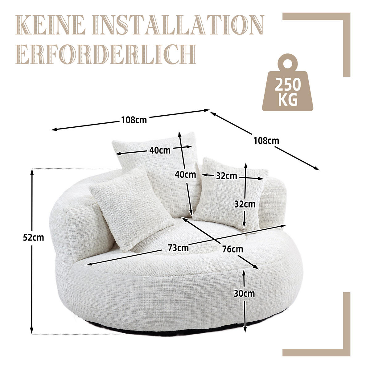 LAZY SOFA– Hoher Rücken & 3 Kissen (Beige Chenille) - Beige, Textil (108/52/108cm) - Urban Meuble