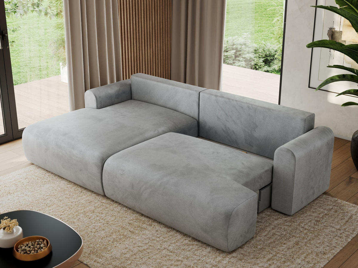 ECKSCHLAFSOFA TONO L Hellgrau Velvet - links - Hellgrau/Schwarz, Kunststoff/Textil (260/150cm) - MKS