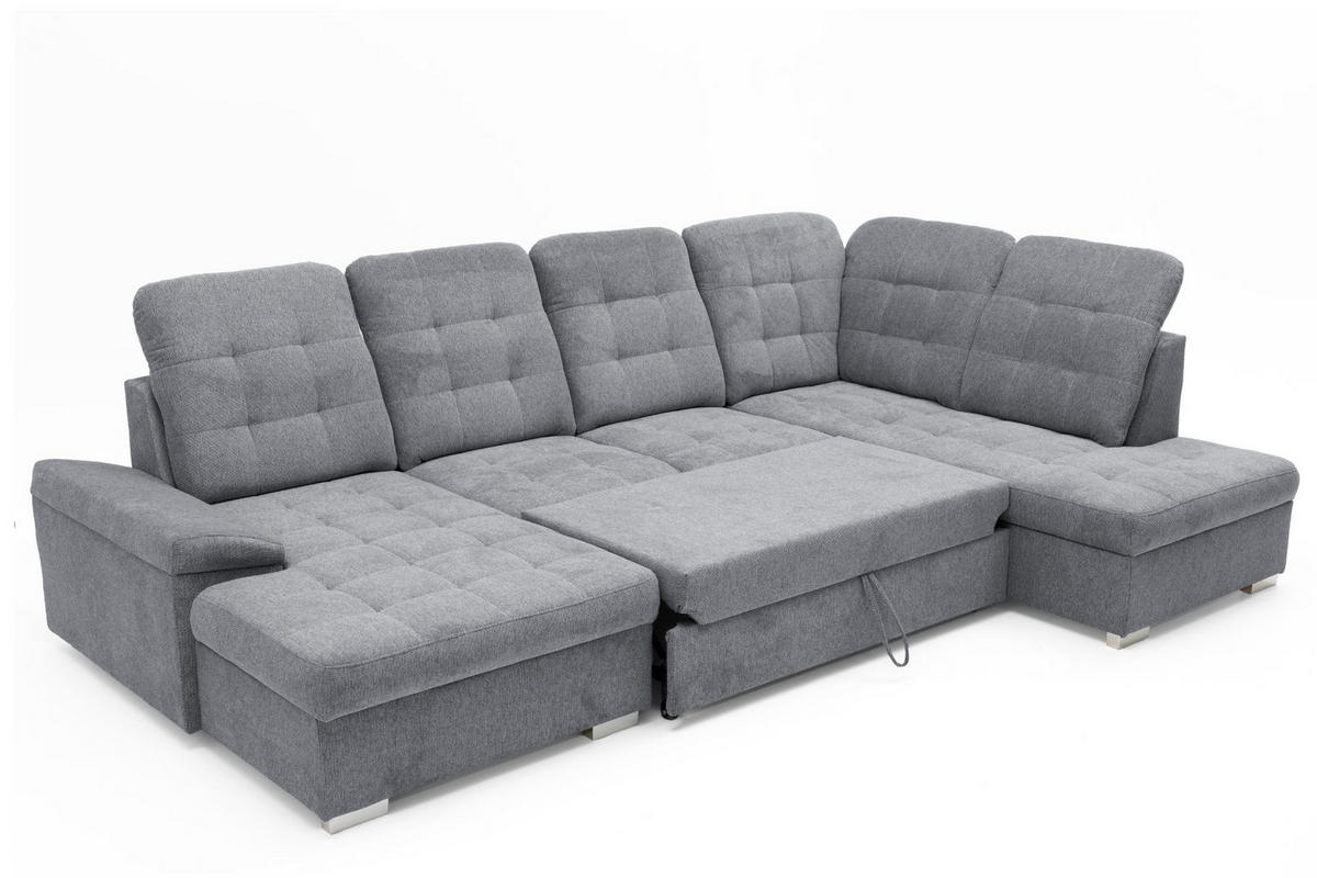 ECKSOFA U-Form OLIVIA U Rechts mit Schlaffunktion 124x257 Velours Grau - Silberfarben/Grau, Holz/Kunststoff (202/103/320cm) - Muffo