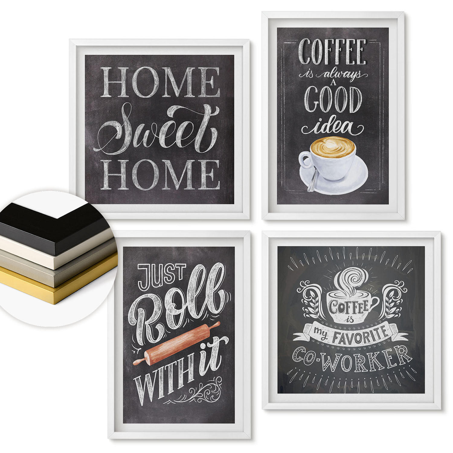 WANDBILDER 4er-Set - 50x50 cm & 40x60 cm Weißer Rahmen - Kaffeeroller, heimelige Wärme - Weiß, Kunststoff (50/50cm) - ArtPrintCave