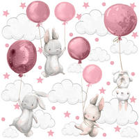 STICKER SET Häschen Ballons Sterne Wolken Punkte 120x60 - Rosa/Weiß, Papier (120/60/1cm) - Muralo