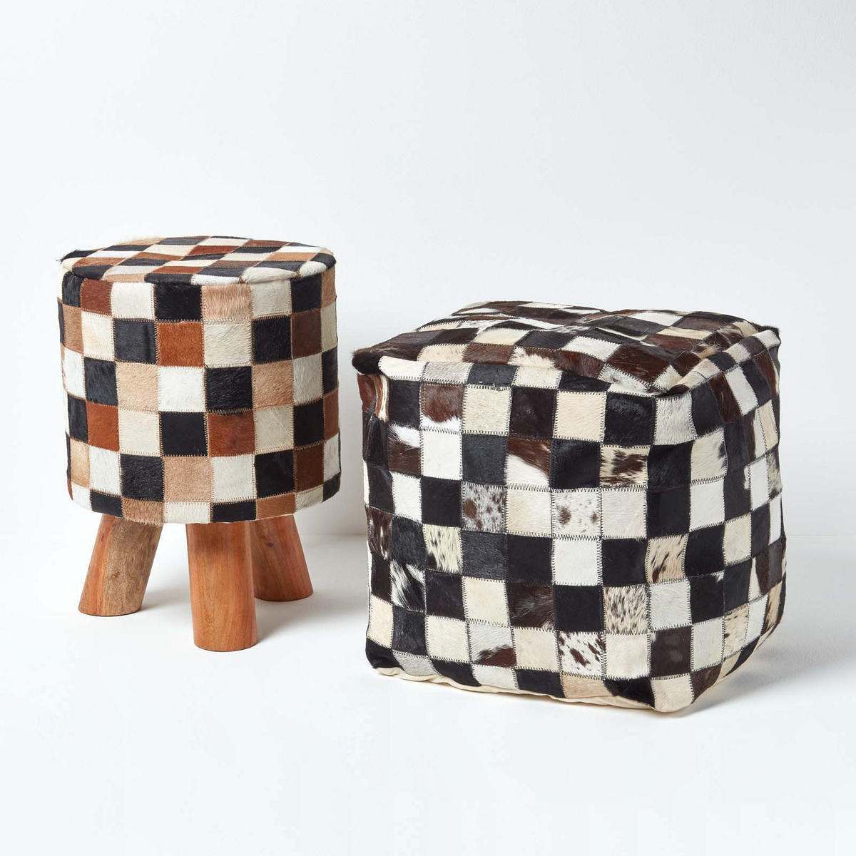 PATCHWORK-HOCKER Fell kariert, 35/35/35 cm - Braun, Leder (35/35/35cm) - Homescapes