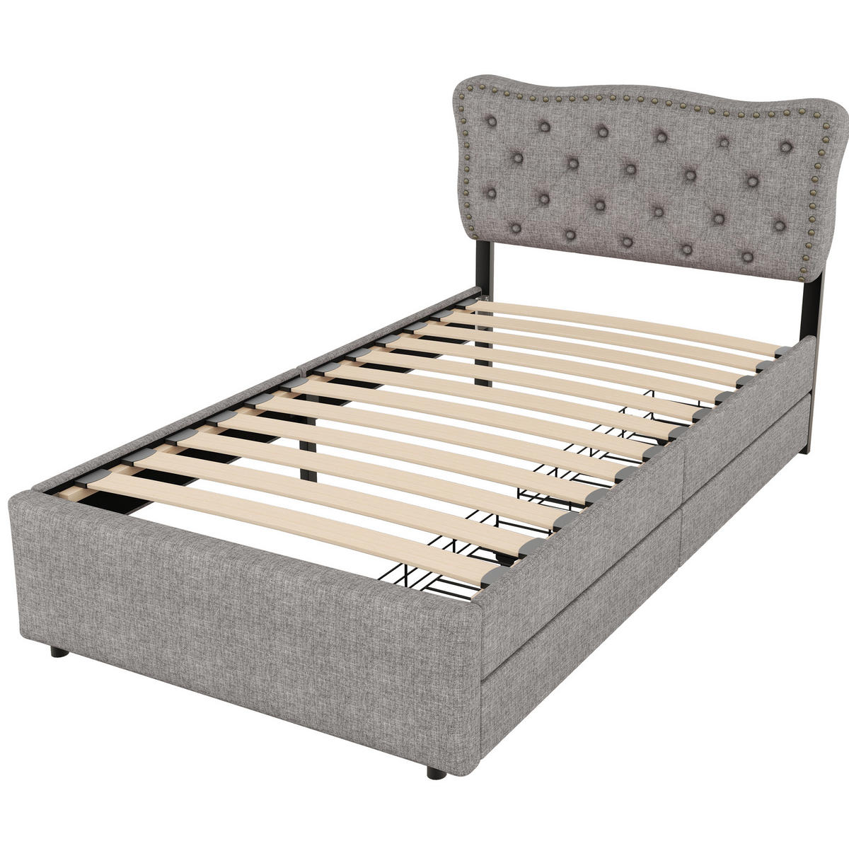 POLSTERBETT 90/200 cm grau mit Aufbewahrung und verstellbarem Nachttisch - Grau, Textil (90/200cm) - OKWISH