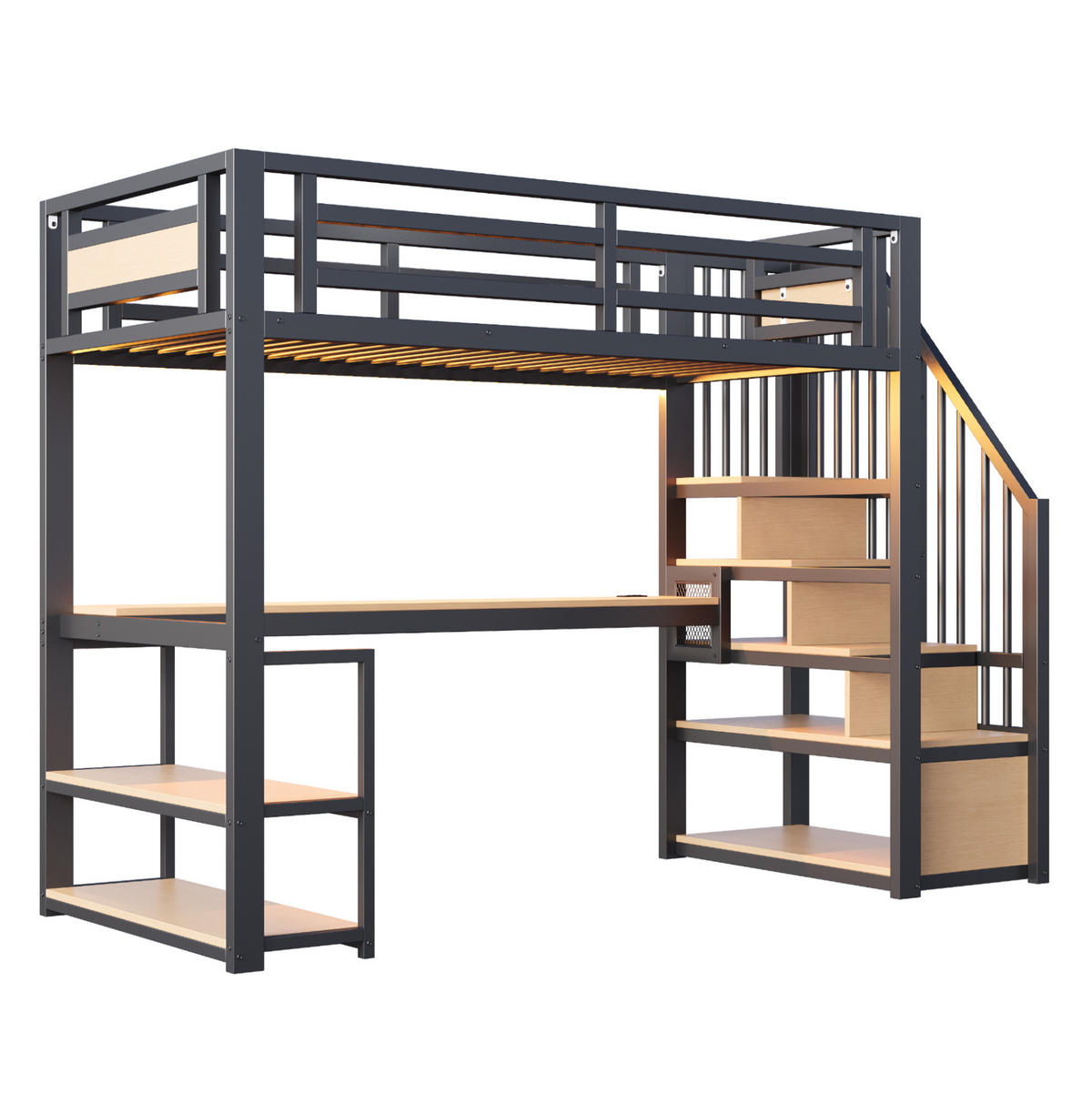 HOCHBETT 90/200 cm aus MDF und Metall mit Stauraumtreppe, Regal und Tisch Schwarz - Schwarz, Metall (90/200cm) - Modenvie