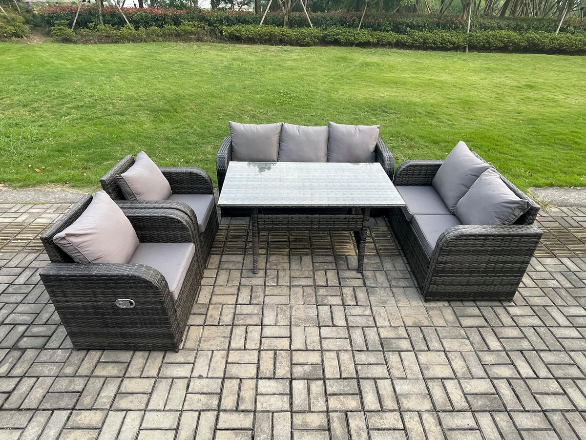 GARTENGARNITUR mit Liegestuhl,3-Sitzer Sofa,Zweisitzer Polyrattan Dunkelgrau 7-Sitzer - Dunkelgrau/Grau, Glas/Kunststoff - Fimous