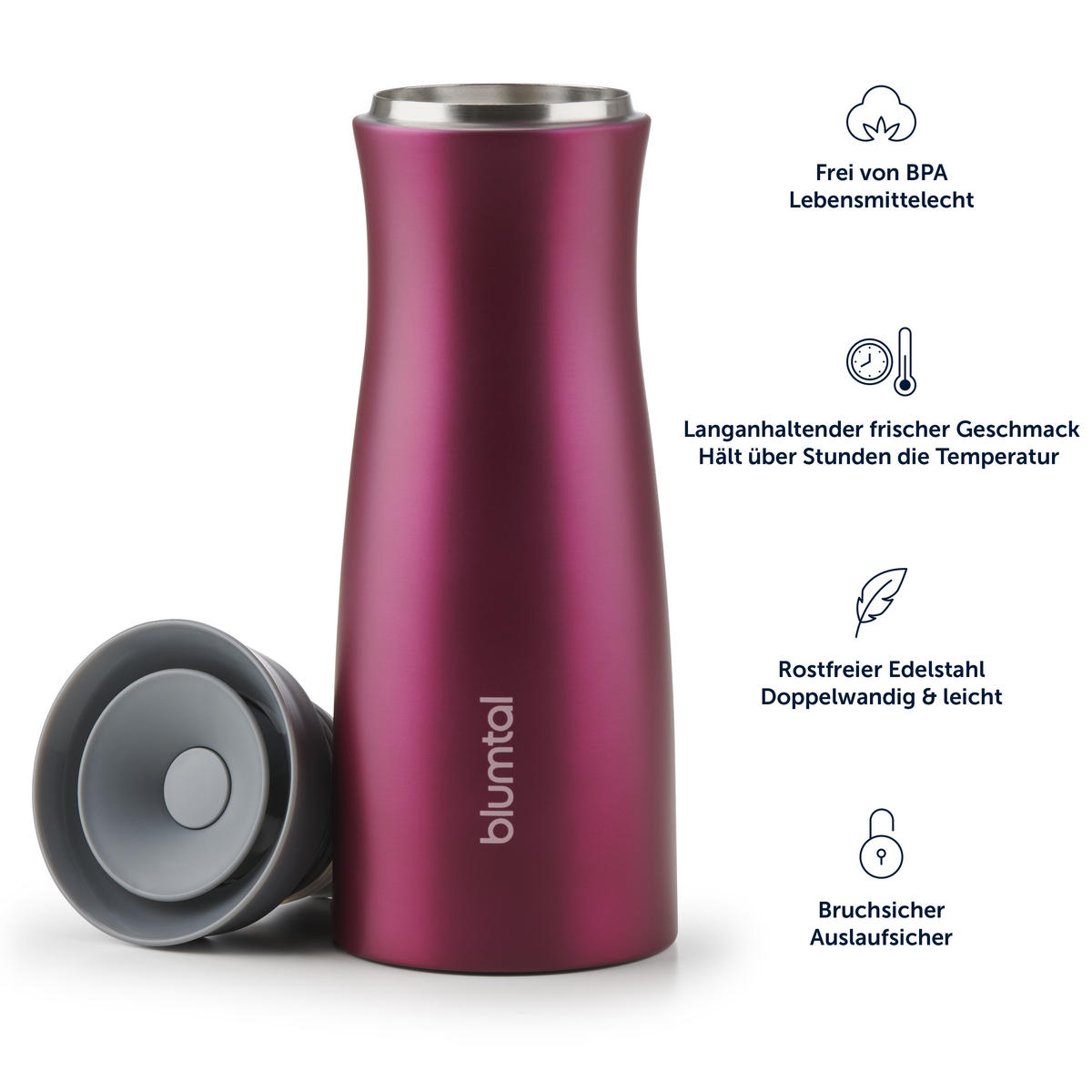 THERMOBECHER 380 ml - Kaffeebecher to go aus Edelstahl - auslaufsicherer Isolierbecher kalt/heiß - 360° Trinköffnung - Pink - Beere, Metall (0.38L) - Blumtal