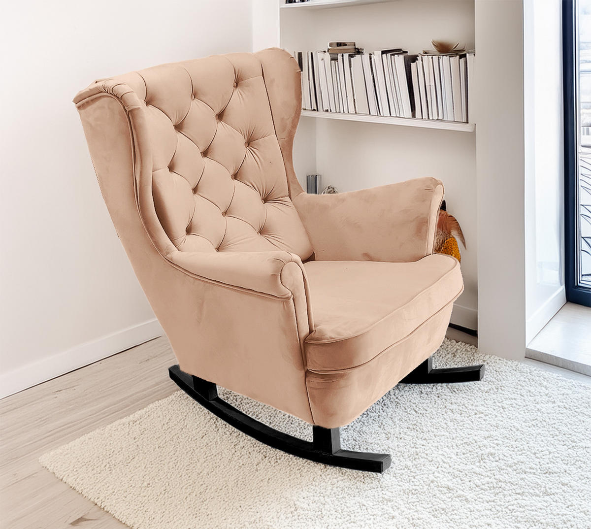 SCHAUKELSESSEL mit gepolstertem Sitz und Armlehnen, 102x81x95 cm, Powder Pink_29829 - Hellrosa/Schwarz, Holz/Textil (81/102/95cm) - DomoHome