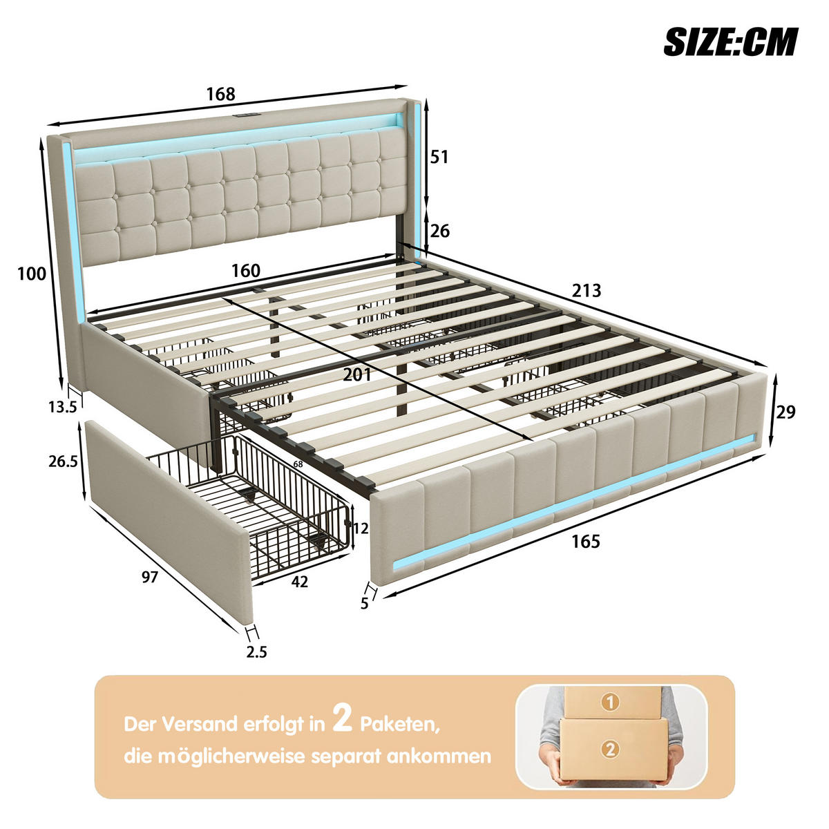 POLSTERBETT 160x200 cm mit 4 Stauraumschubladen, LED und USB, Leinenstoff in Beige - Beige, Holz (160/200cm) - BRILVERDE