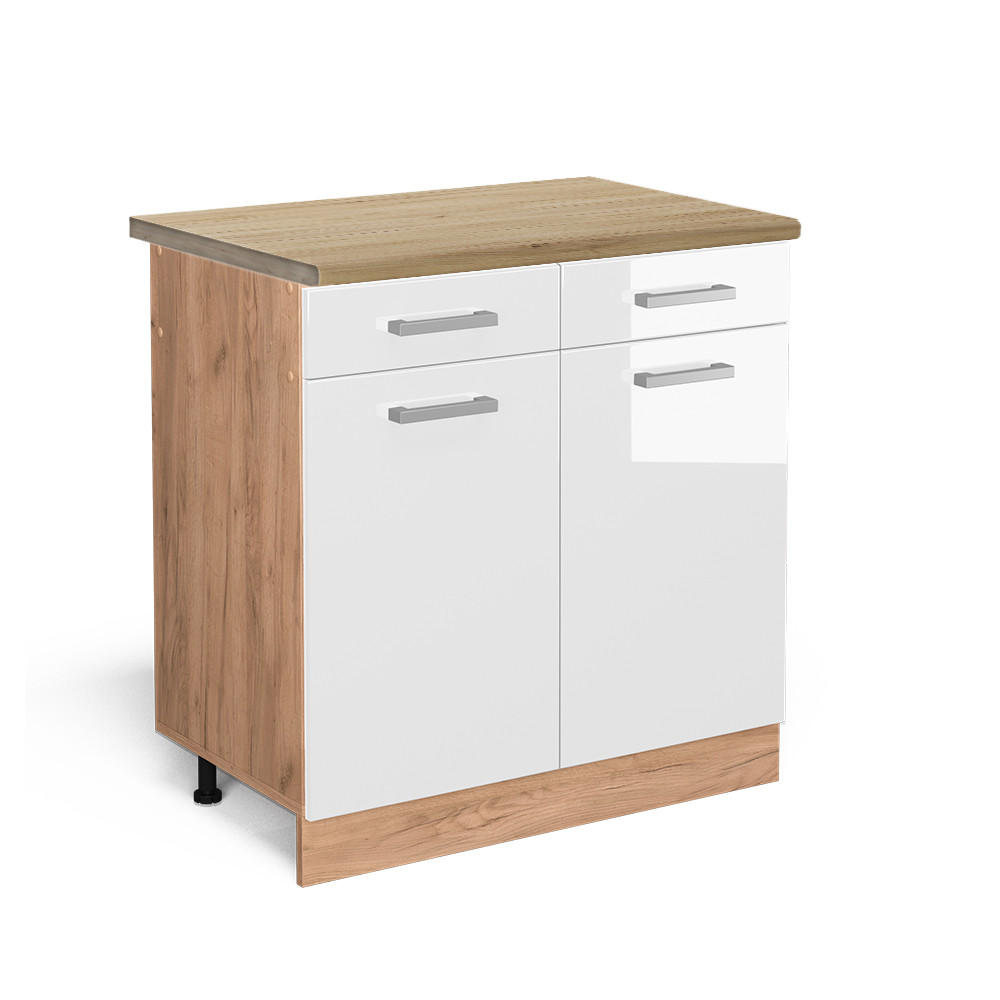 KÜCHENUNTERSCHRANK R-Line Weiß Hochglanz 80 cm, AP Eiche - Weiß Hochglanz/Eiche Wotan, Holzwerkstoff (80/81.6/60cm) - Vicco