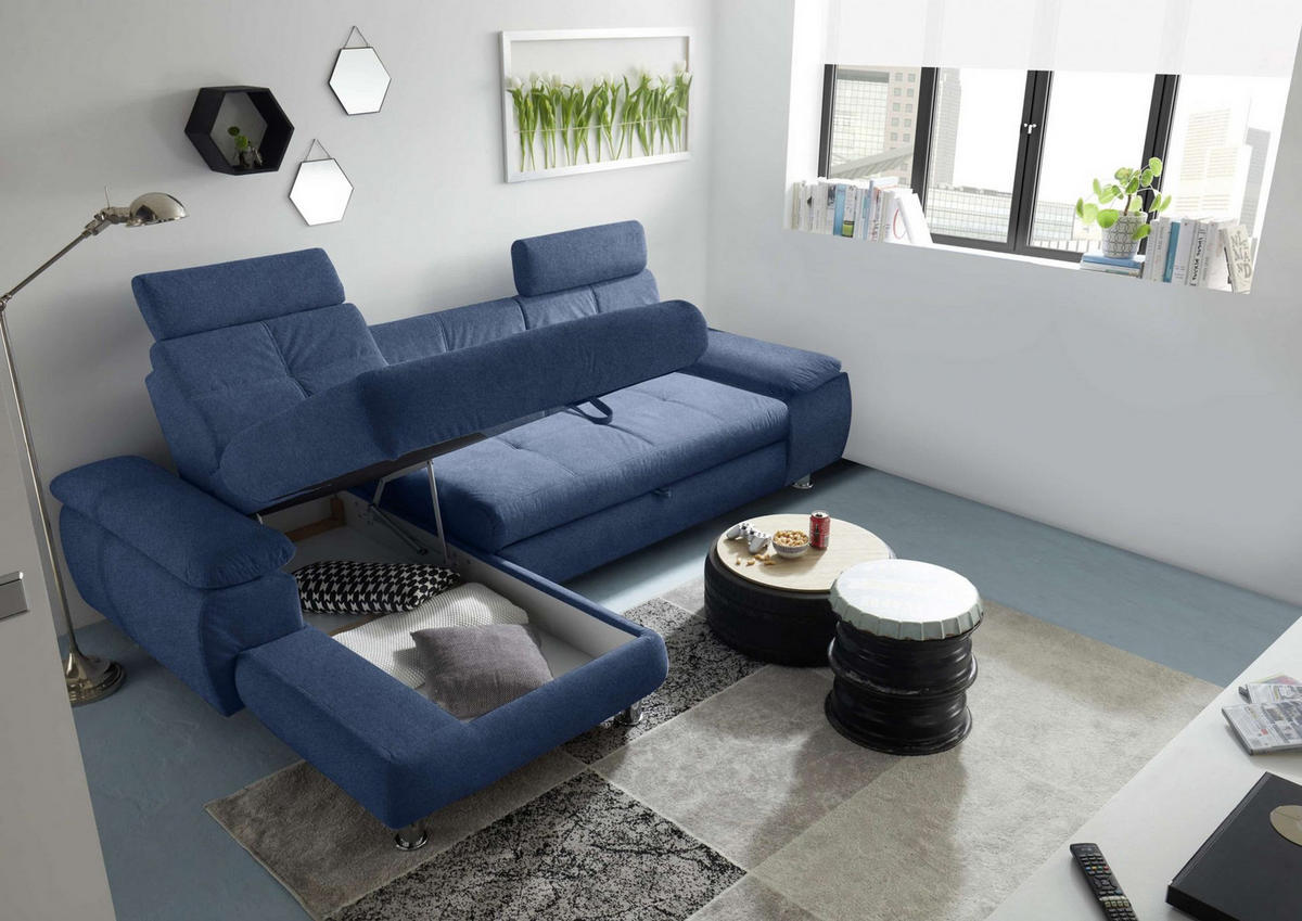 ECKSOFA mit Schlaffunktion und Bettkasten, Brego-Stoff - Chromfarben/Blau, Textil/Metall (274/177cm) - ed exciting design