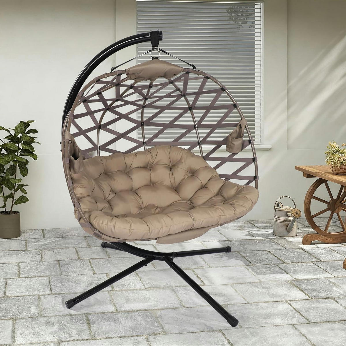 HÄNGESESSEL Doppel mit Gestell dick gepolstertem Kissen Sandbraun 139 x 103 cm - Sandfarben, Textil (139/172/103cm)