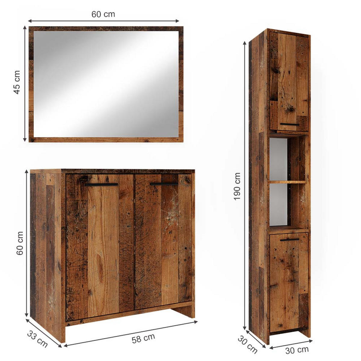 BADMÖBEL-SET Kiko Eiche rustikal 3 Teile, mit Hochschrank - Wildeiche, Holzwerkstoff (58/60/33cm) - Vicco