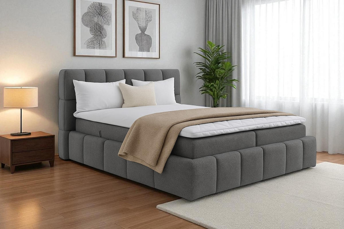 BOXSPRINGBETT AURA mit Topper und Bettkasten, Dunkelgrau, H4 Pocket, 200x200 cm - Dunkelgrau, Textil (200/200cm) - KS Home Concept
