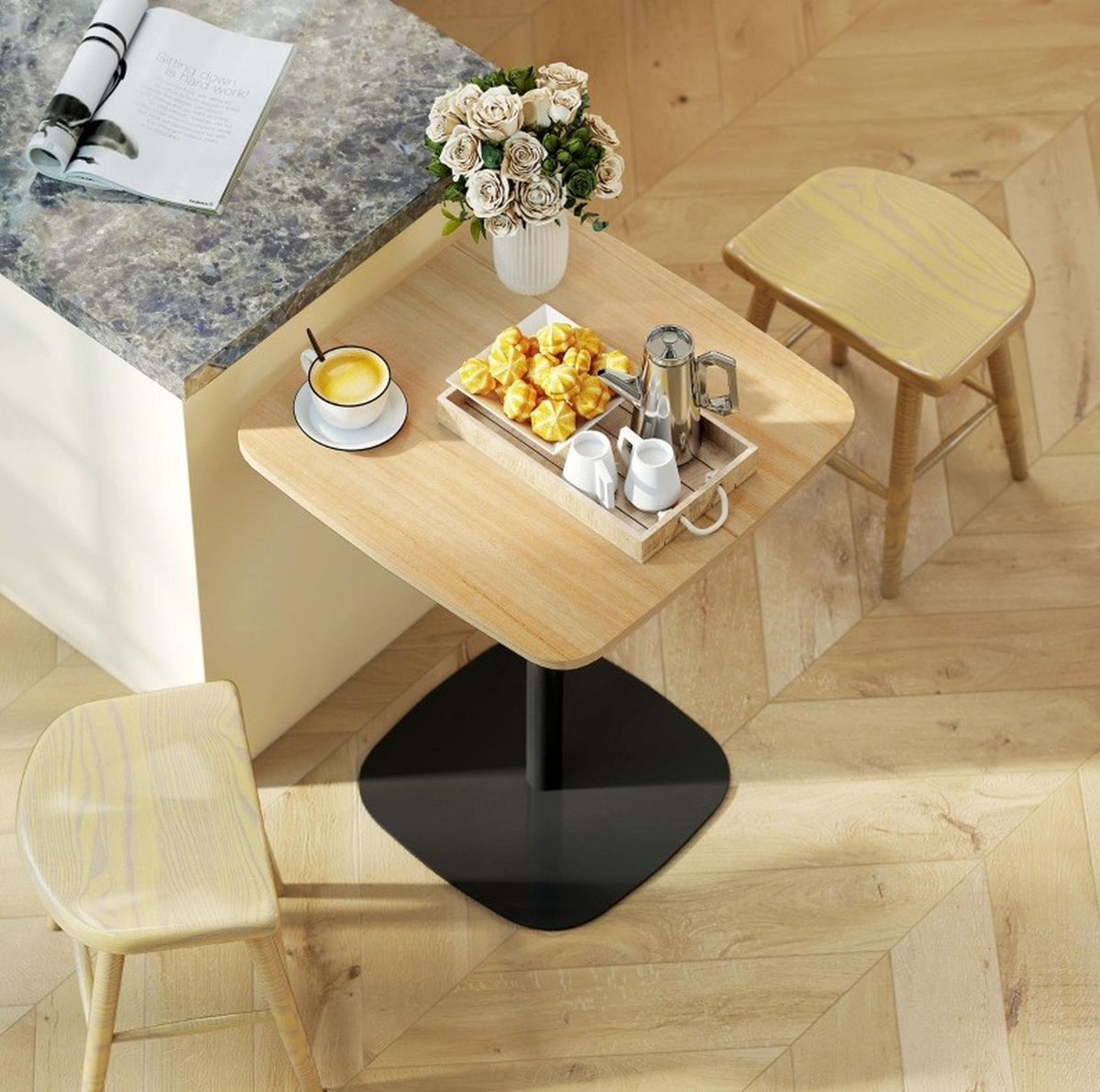 ESSTISCH aus Holz 60x60x75 cm Naturholz mit lackierter Oberfläche, abgerundeten Ecken und Stahlbasis - Braun, Holz (60/60/75cm) - Modfu