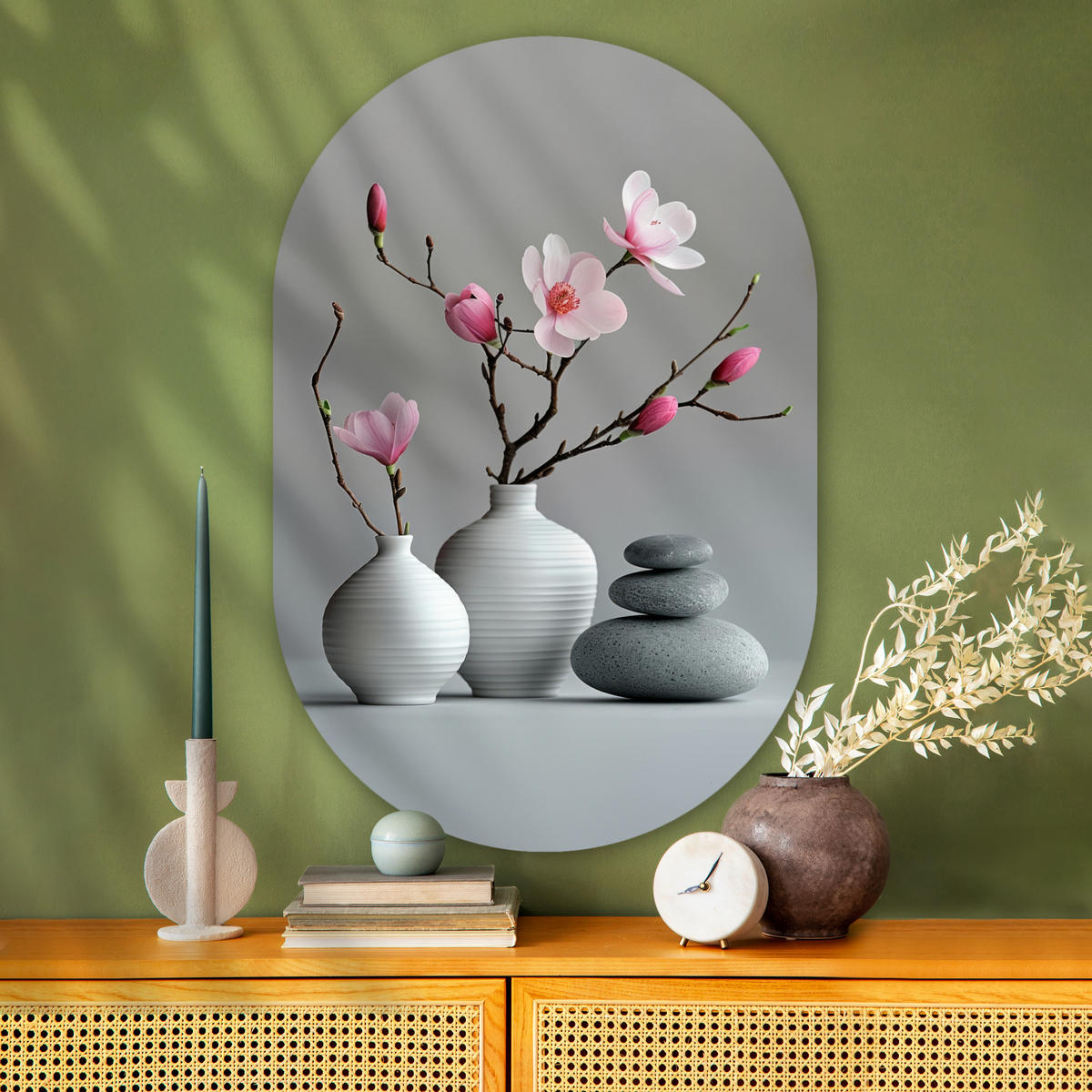 WANDBILD Magnolie - Blumen - Rosa - Zen-Steine 80x120 cm - Hellgrau, Kunststoff (80/120cm) - MuchoWow