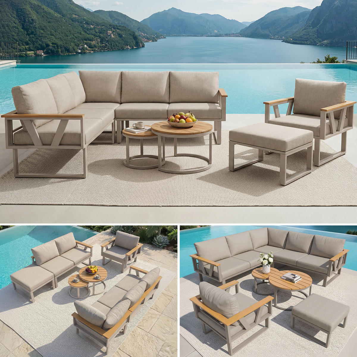 LOUNGESITZSET, 2er-Set, Verstellbare Füße, Metallbasis, Beige - Beige, Metall - FLIEKS