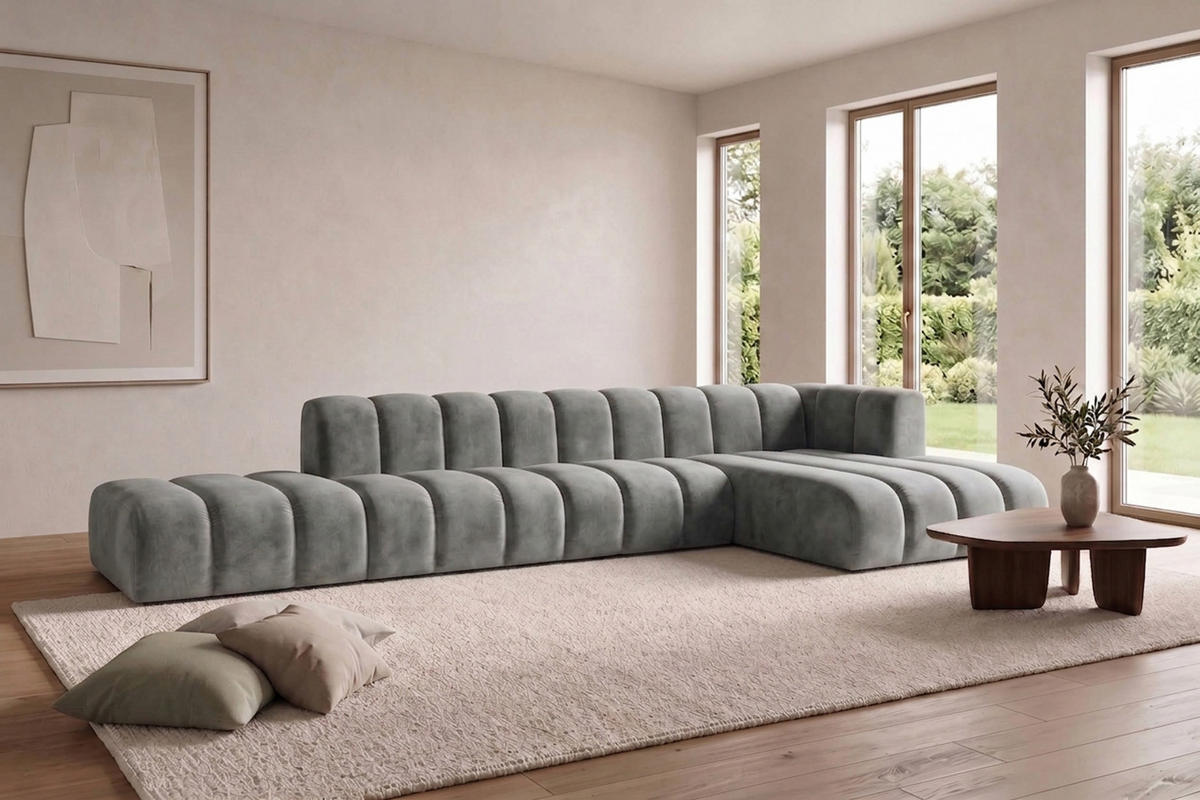 ECKSOFA Modulares In L-Form Mit Hocker, Velvet-Stoff Riviera, Grau, Rechts, GRAND - Grau, Holz (386/179cm) - Kaiser Möbel