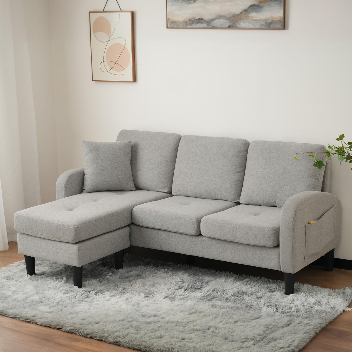 ECKSOFA 3-Sitzer Sofa, Rückenkissen, Schlaffunktion, Baumwoll-Leinenstoff, 166 x 118 x 77 cm - Grau, Textil (118/166cm) - Kaket