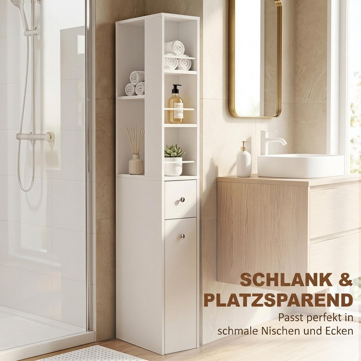 BADEZIMMERSCHRANK MDF Weiß - Silberfarben/Weiß, Holzwerkstoff/Metall (18/135/40cm) - HOMCOM