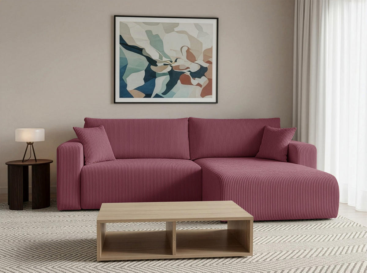 ECKSOFA mit Schlaffunktion Nellio L-Form universal mit Bettkasten Lachsfarben Cord - Koralle/Schwarz, Kunststoff/Textil (245/145cm) - Homebook