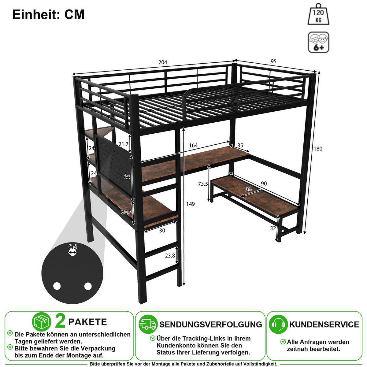 VYVÝŠENÁ POSTEL 90/200 cm v černé barvě s psacím stolem, LED a USB-C - černá, kov/kompozitní dřevo (90/200cm) - CHICFURN