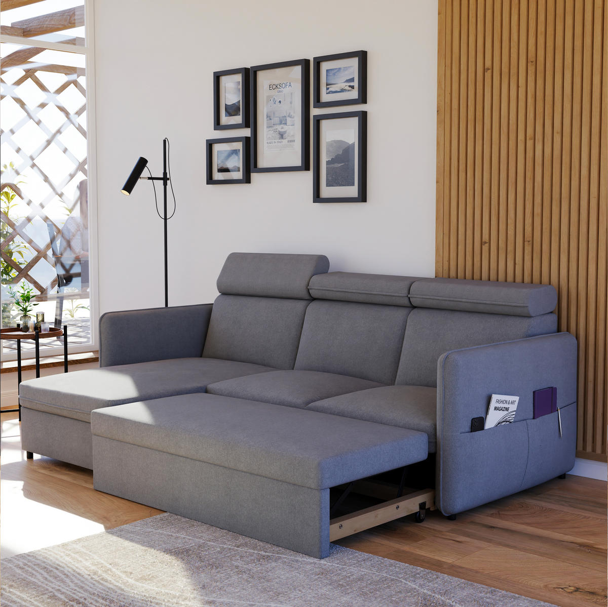 ECKSOFA mit Schlaffunktion und Bettkasten, Hellgrau - Grau, Holzwerkstoff/Textil (220/140cm) - Idohome