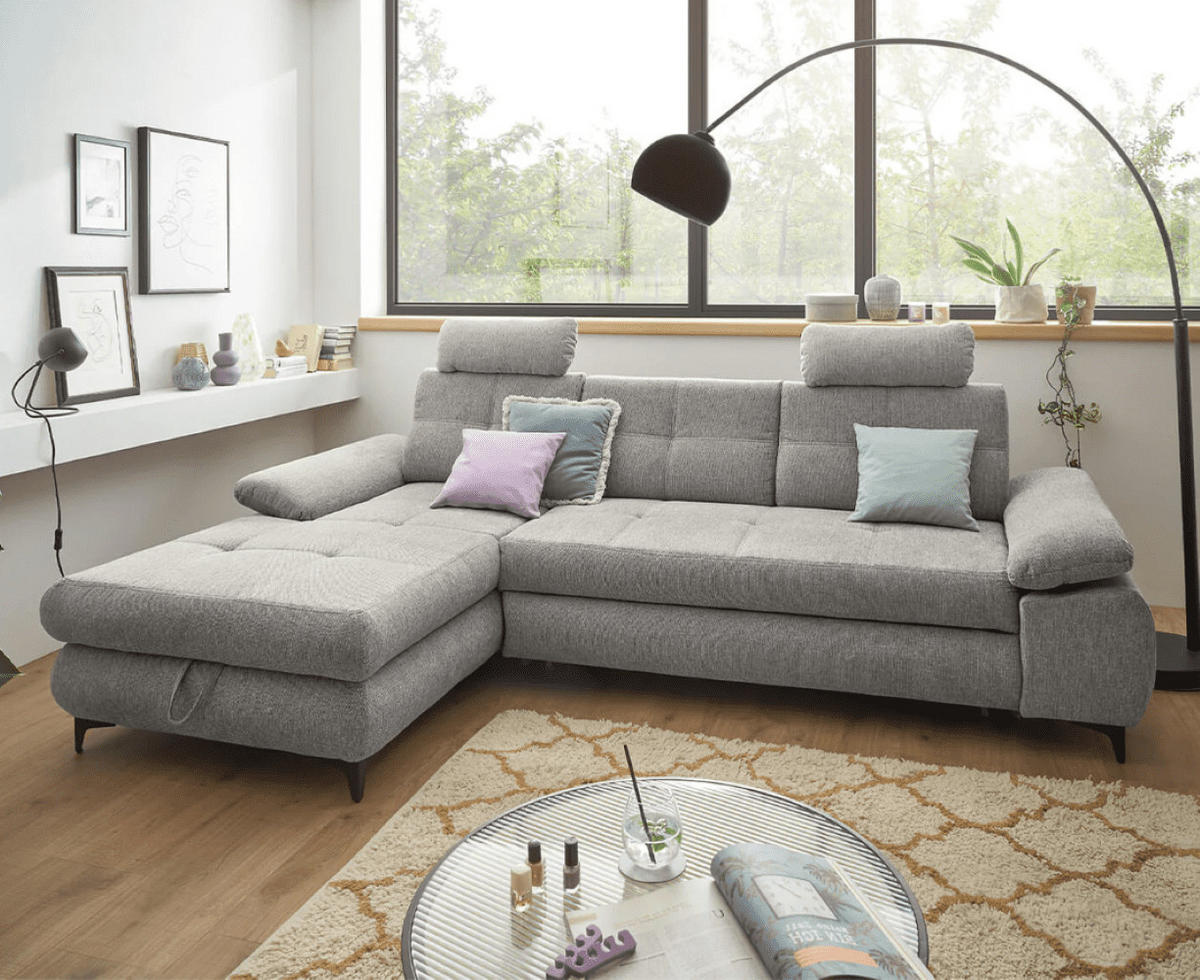 ECKSOFA mit Schlaffunktion und Bettkasten - Silberfarben/Schwarz, Kunststoff/Textil (274/177cm) - ed exciting design
