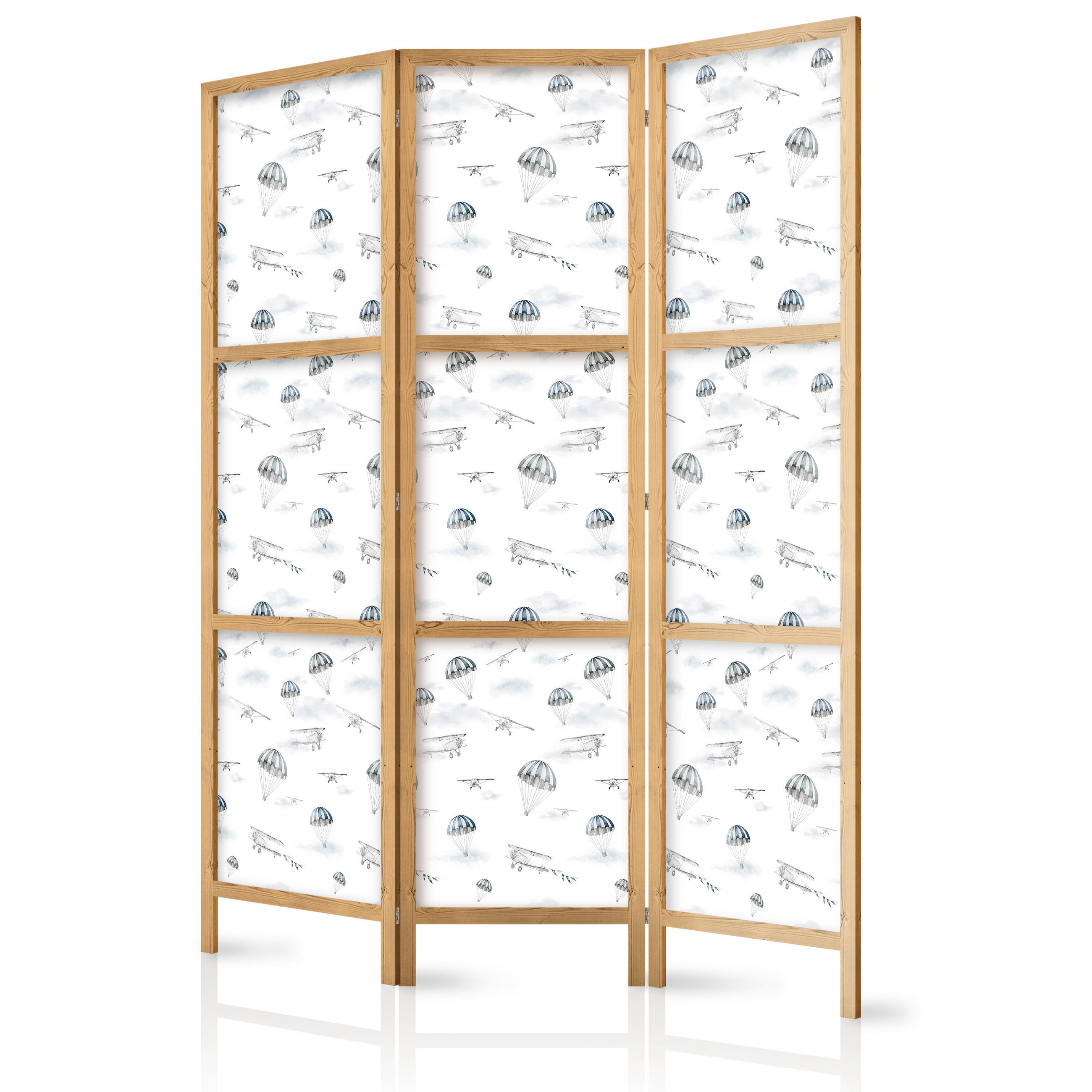 PARAVENT Japanischer 3-tlg 135x172 cm Flugzeuge Und Fallschirme - Weiß, Holz/Textil (135/172/3cm) - Muralo