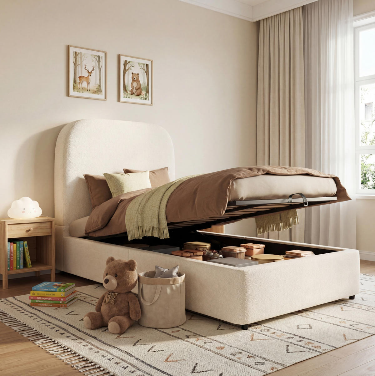 KINDERBETT aus Bouclé 90x200 cm Beige mit Lattenrost und hydraulischem Stauraum - Beige, Holzwerkstoff (90/200cm) - Modfu
