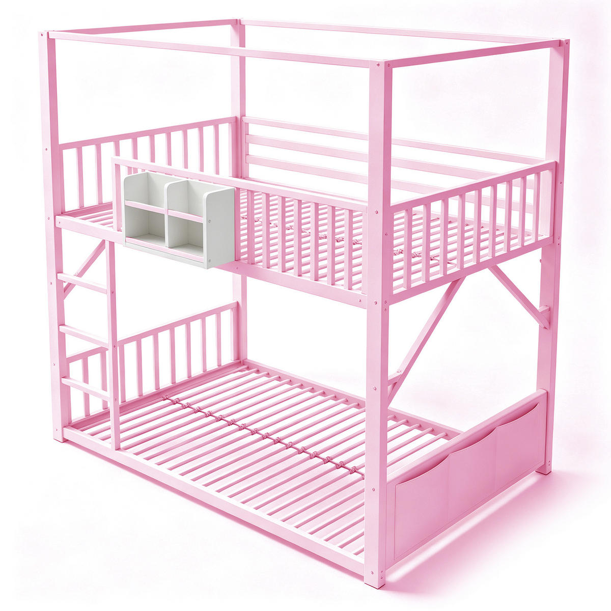 ETAGENBETT aus Metall und MDF 90x200 cm Rosa mit Dachkonstruktion, Regal und Seitentasche - Pink, Metall (90/200cm) - Modfu