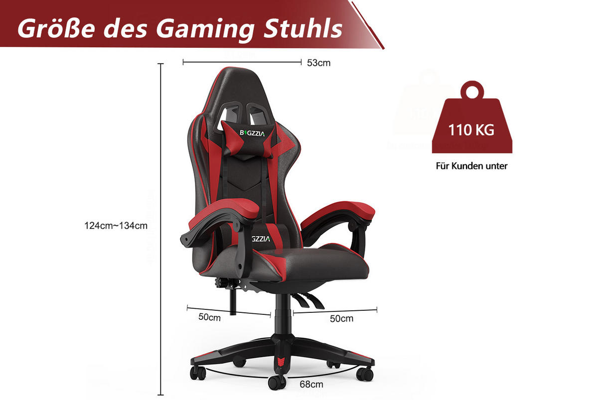 GAMING-STUHL ergonomisch, verstellbare Rückenlehne, Kissen – Schwarz/Rot - Rot, Leder (59/120/56cm) - Rattantree
