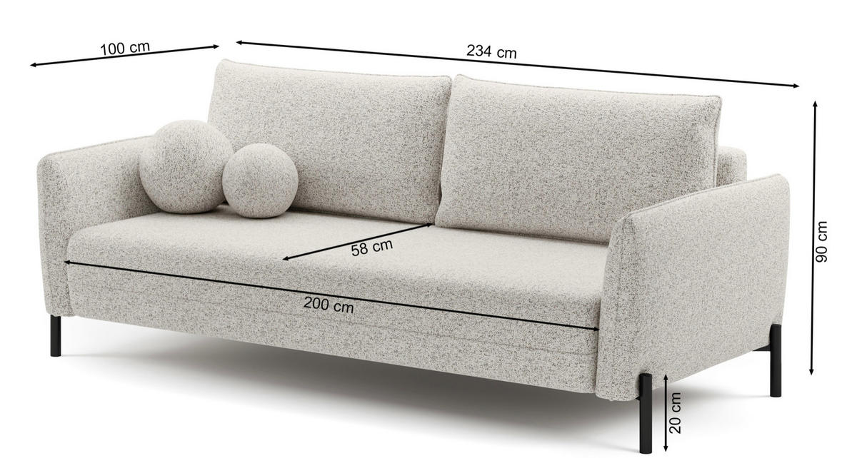 SOFA Veruco Cremeweiß mit Schlaffunktion - Creme/Schwarz, Textil/Metall (234/90/100cm) - Selsey