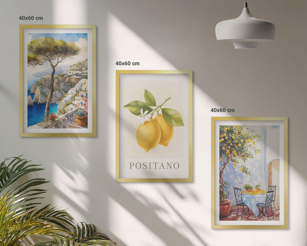 BILDER SET 3er Set - 40x60 cm Goldrahmen - Ansichten von Positano mit Zitronen - Goldfarben, Kunststoff (40/60cm) - TULUP