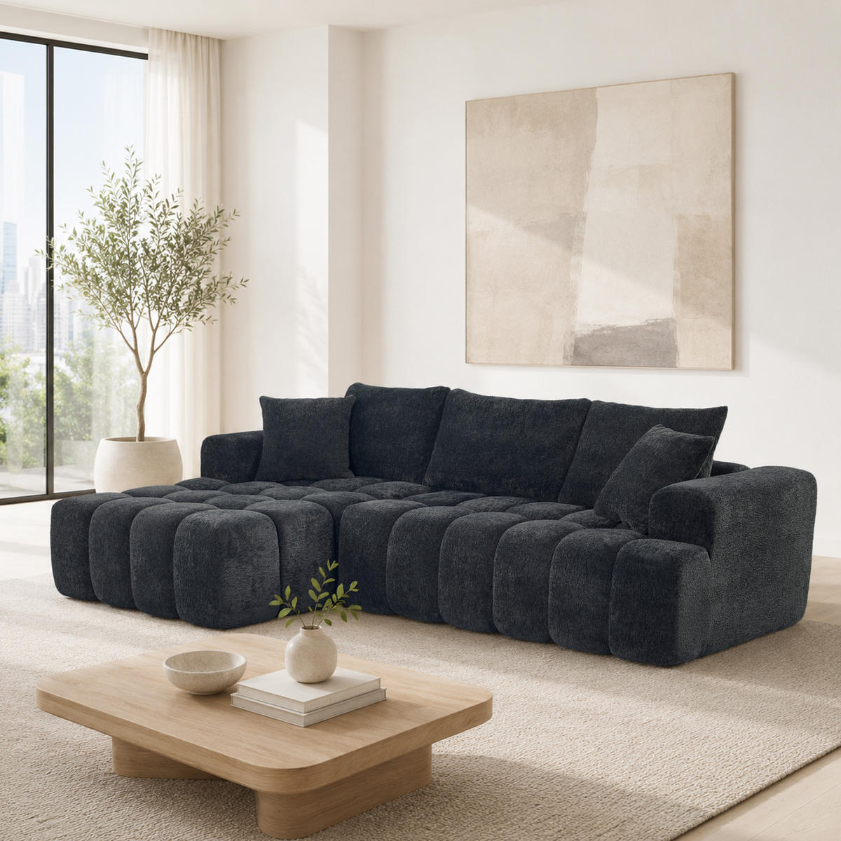 ECKSOFA L-Form 3-Sitzer in Dunkelgrau aus Samt mit linker Chaiselongue - Dunkelgrau, Textil (250/160cm) - CHICFURN