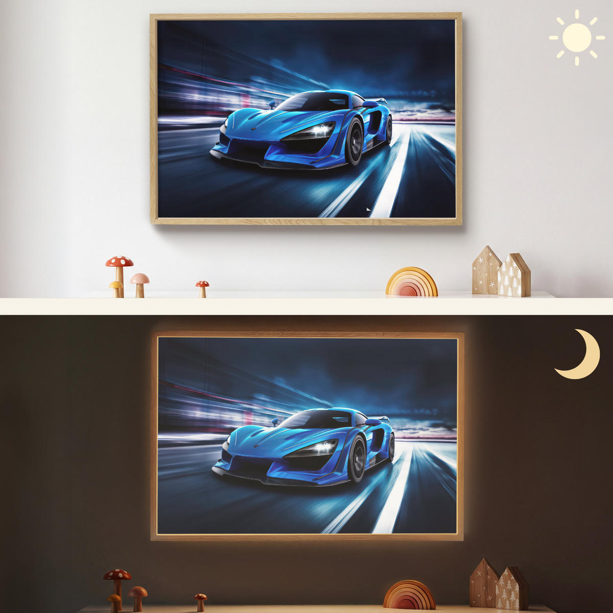 NÁSTĚNNÁ LAMPA S AKUMULÁTOREM Auto - Modrá - Chlapci - Dítě 90x60 cm - modrá, kompozitní dřevo (90/60/8cm) - OnlyWow