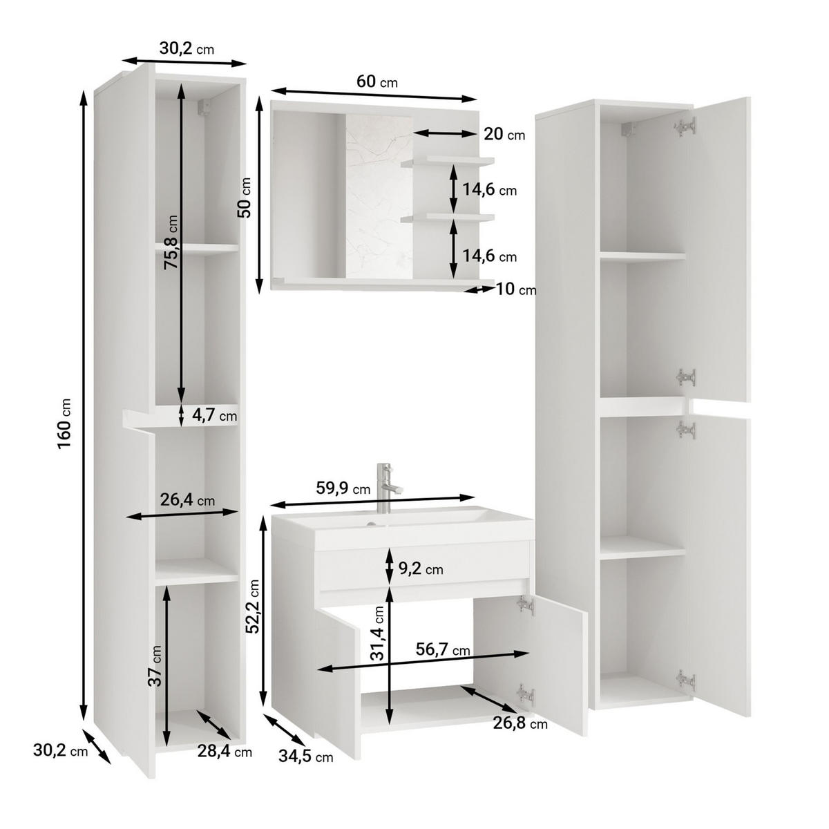 BADEZIMMERMÖBEL-SET Luani XL Matera / Kastanie - Beige/Schwarz, Holzwerkstoff (120.4/160/34.5cm) - Selsey