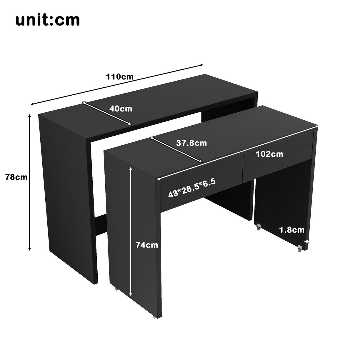 SCHREIBTISCH 2-in-1 ausziehbar 110x40x78 cm Schwarz mit Rollen - Schwarz, Holz (110/40/78cm) - Meubliv