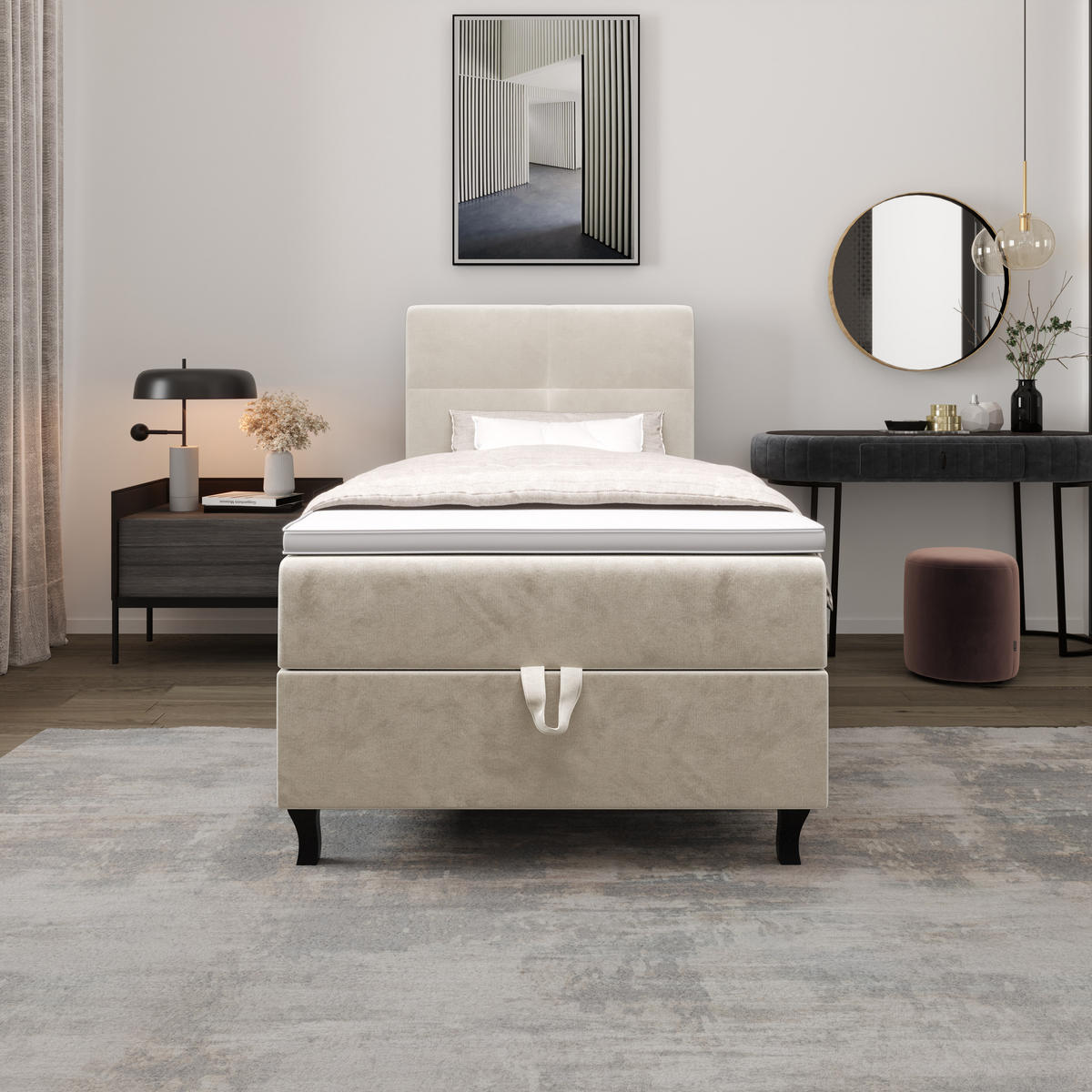 BOXBETT LIMBA mit Matratze H3 und Topper 100x200 Monolith 02 - Creme, Holz/Textil (100/200cm) - Bedante