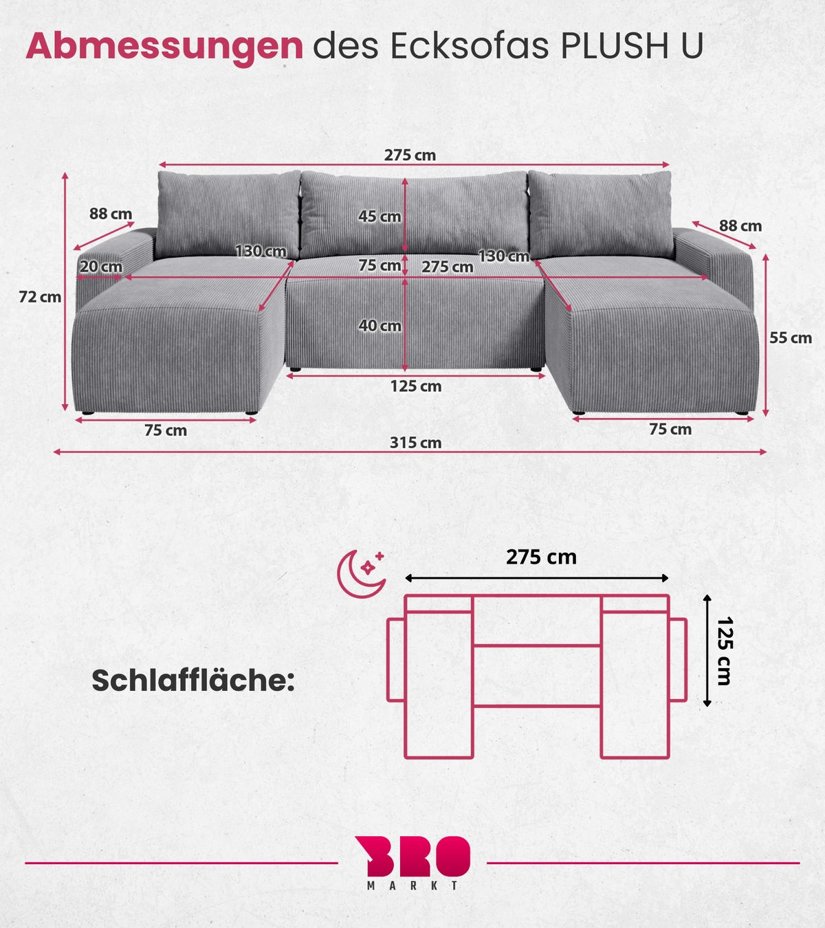 WOHNLANDSCHAFT Plush mit Schlaffunktion Hellgrau Cord - Hellgrau, Kunststoff/Textil (315/72/145cm) - Bromarkt