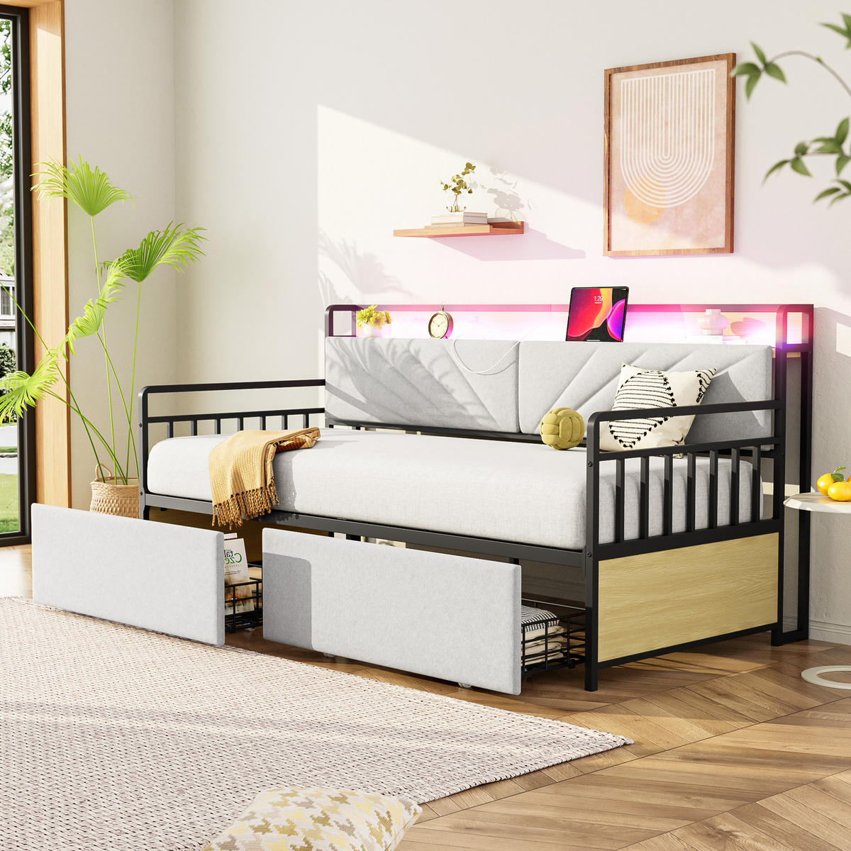 EINZELBETT 90x200cm mit Schubladen, Metallbetthalter，Beige - Beige, Metall (90/200cm) - KOMHTOM