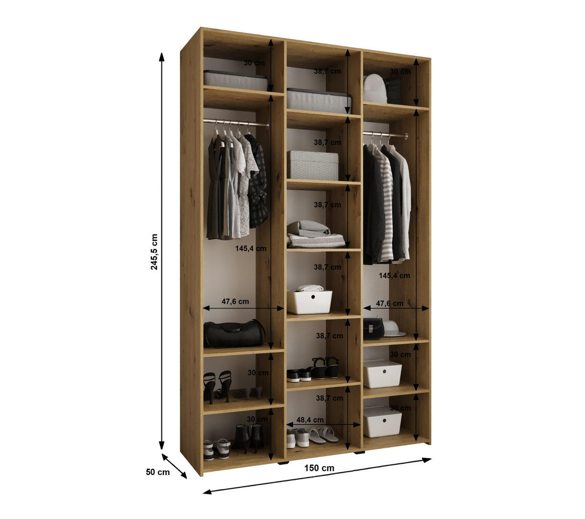 DREHTÜRENSCHRANK 245,5/150/50 3-türig - Kaschmir/Schwarz, Holz/Metall (150/245.5/50cm) - Abiks Möbel