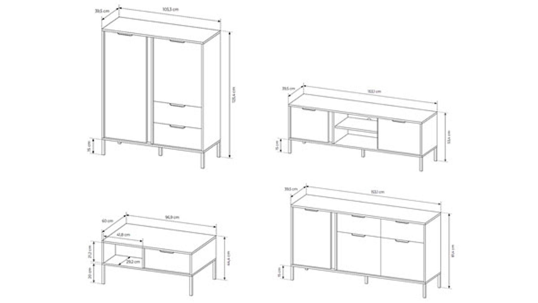 Thumbnail - Feldmann-Wohnen Wohnzimmer-Set, Grau, Holz, 6 Fächer, 6 Schubladen, Rechteckig,Rechteckig, 409.5x123.4x39.5 cm, Wohnzimm...