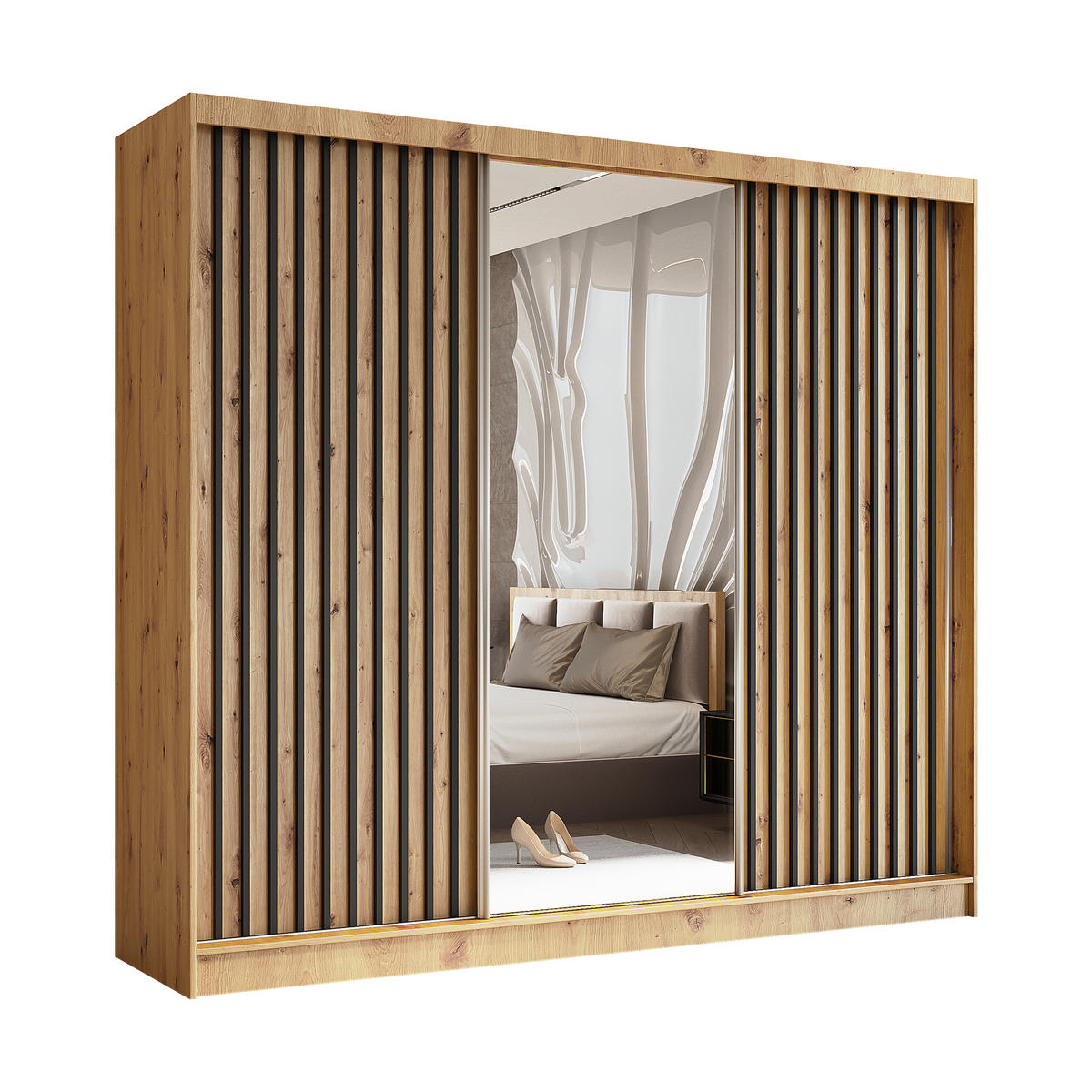 SCHWEBETÜRENSCHRANK Cabinio Eiche Artisan Schwarz 240/216/61 cm – mit Spiegel und Lamellen - Walnussfarben/Schwarz, Holzwerkstoff/Kunststoff (240/216/61cm) - AX Living