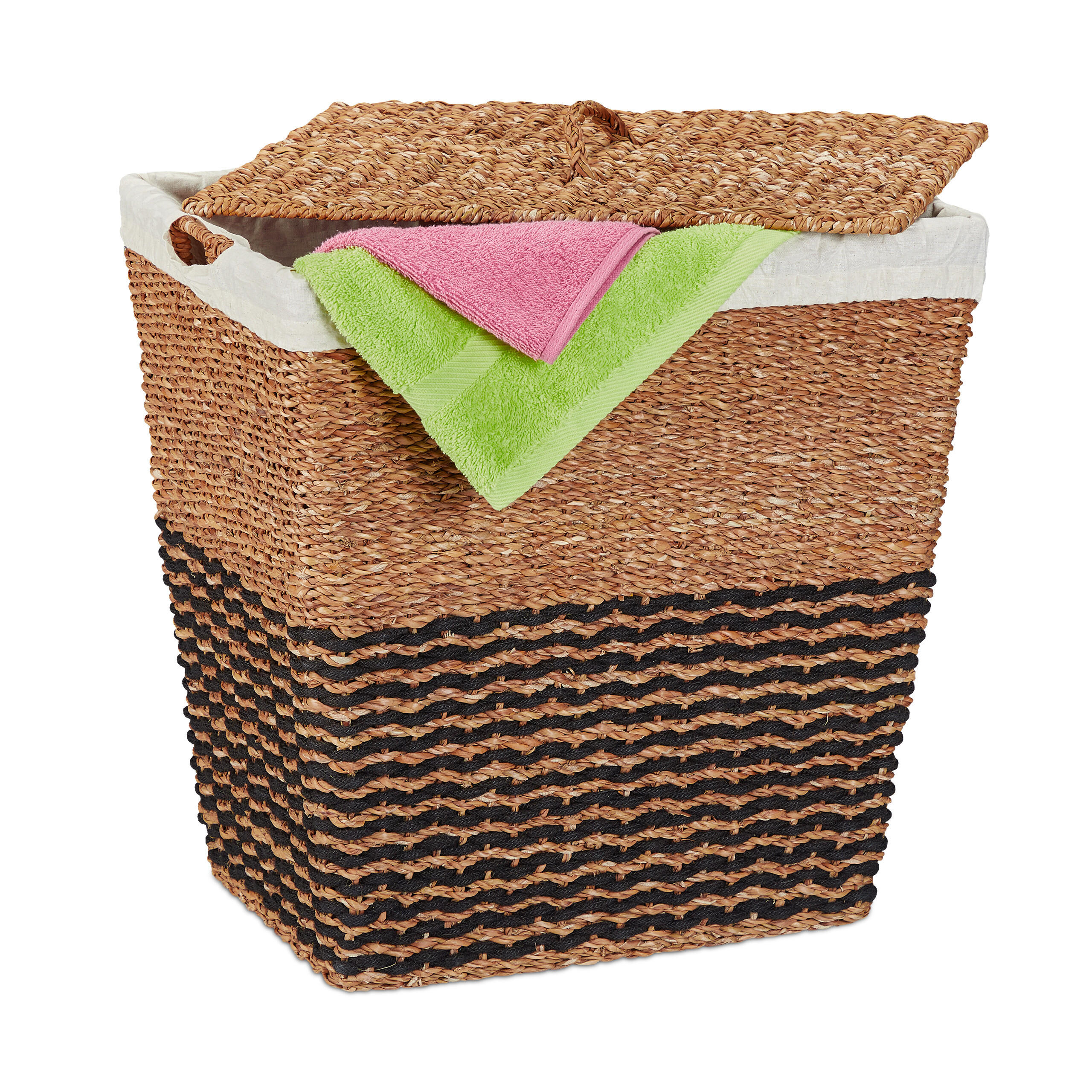 Relaxdays KOŠ NA PRÁDLO Přírodní béžová mořská tráva bavlna s víkem 87 l