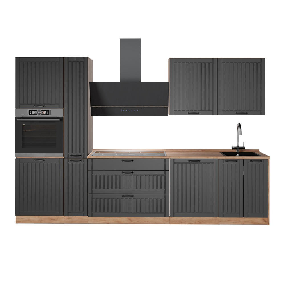 KÖK Fame-Line, Mörkgrå/Goldkraft ek, 310 cm utan bänkskiva - Honungsek/Mörkgrå, Träbaserade material (310/206.8/51.6cm) - Vicco